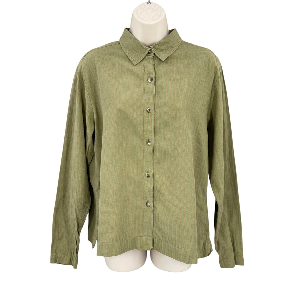 Woolrich Gorpcore Shirt Women Hiking Camping Green Size L Button Stripe Cotton